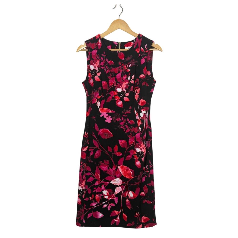 Calvin Klein Crepe Sheath Dress Size 8 Red Black Romantic Florals Cocktail Party